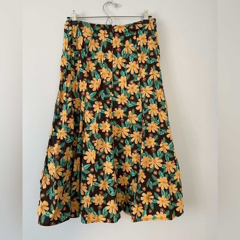 Stiletto A-Line Midi Skirt Size 6 Brown Green Floral Print Lined, Made In USA